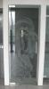 Glazen deur op vloerveer met onderslot en dubbele T-trekker, zandstraalmotief "Reiger"
