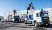 vrachtwagens Scania voor de plaatsingsdienst van AGC Mirodan Bouwglas